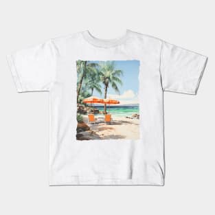 Palm Trees Tropical Beach Umbrella Seascape Kids T-Shirt